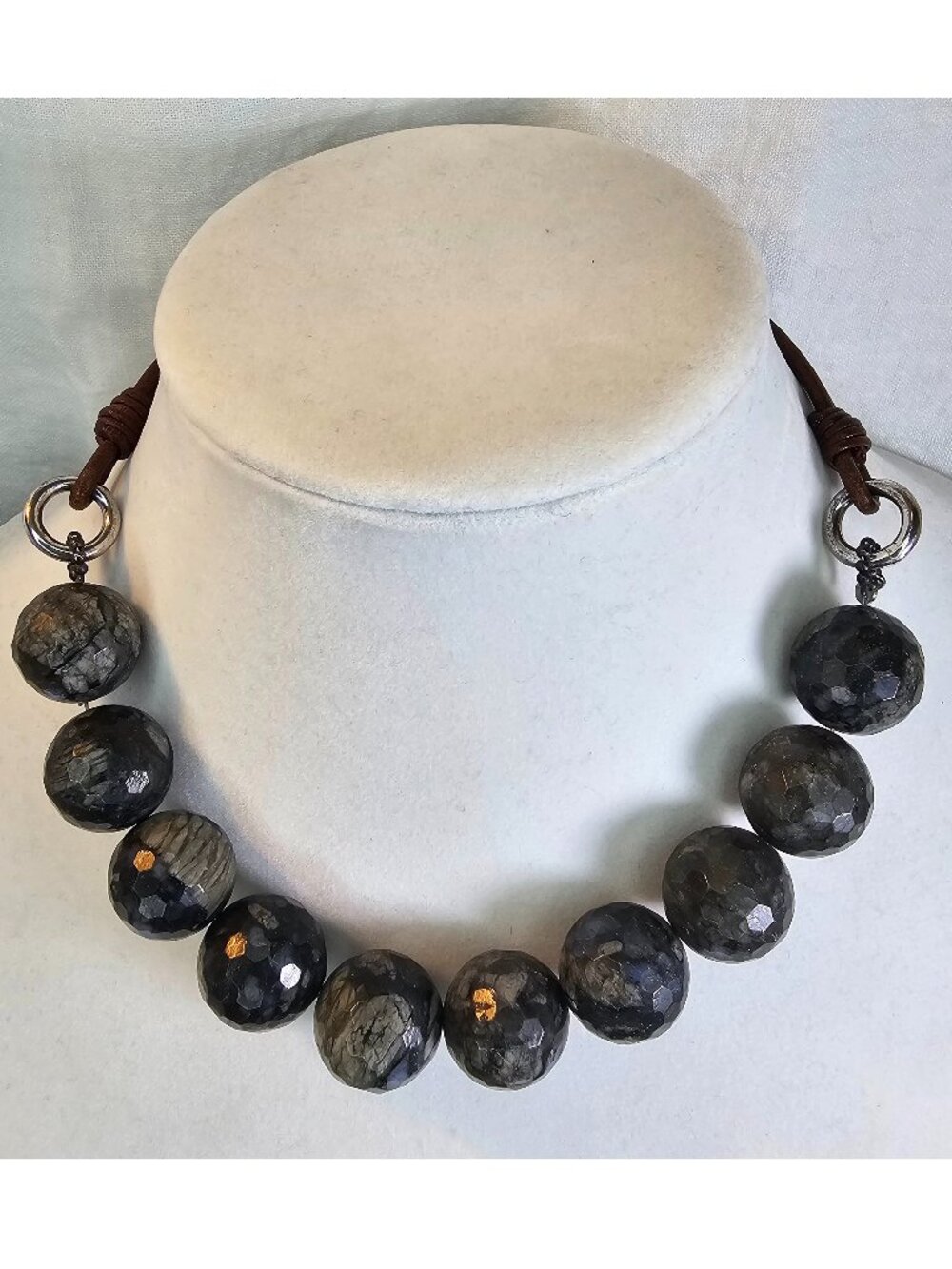 Brunello Cucinelli Natural Gemstone Faceted Bead Leather Statement Necklace 17"